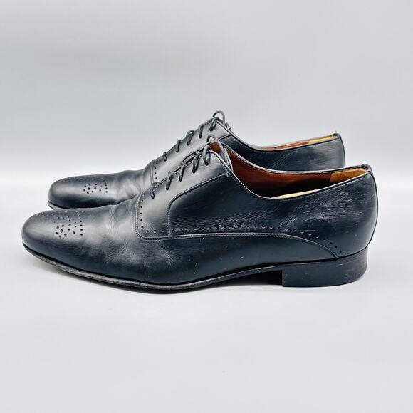 A Testoni Shoes Mens 9 Black Leather Oxford Cap Toe Brogue Slip On Dress